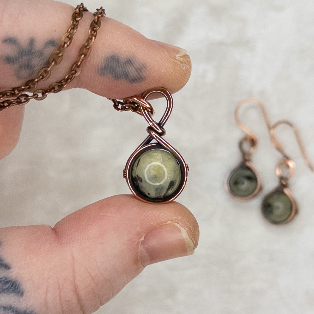 Drops of Prehnite Antiqued Copper Pendant & Earrings Set