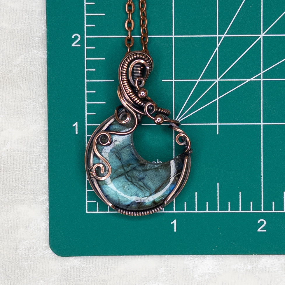 Teal Labradorite Moon Antiqued Copper Pendant