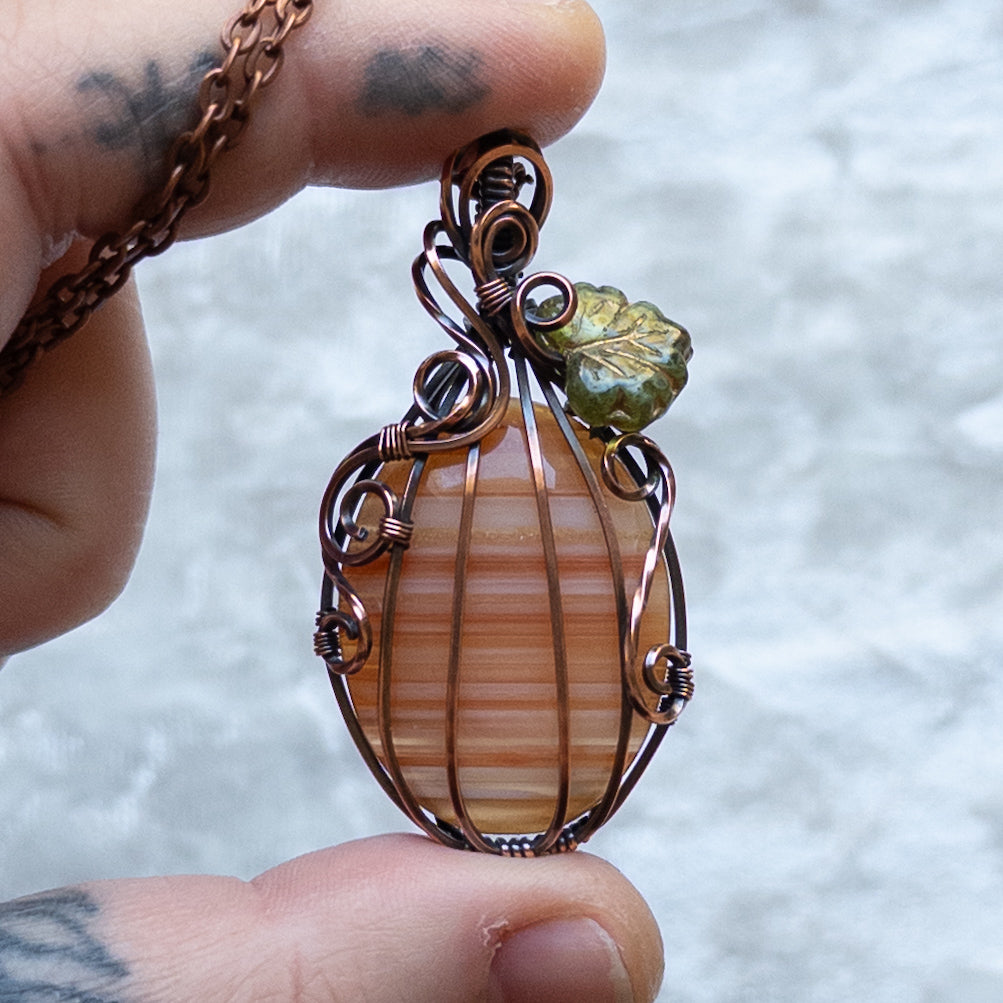 The Last “Candy Corn” Agate Pumpkin Pendant With Czech Glass Leaf - Antiqued Copper