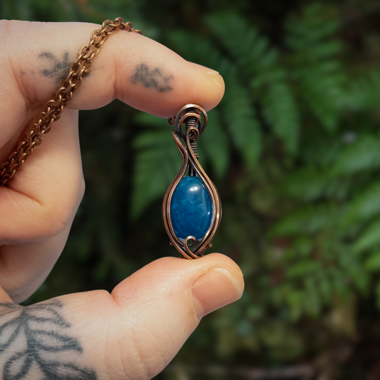 Dainty Blue Apatite Copper Wrapped Pendant