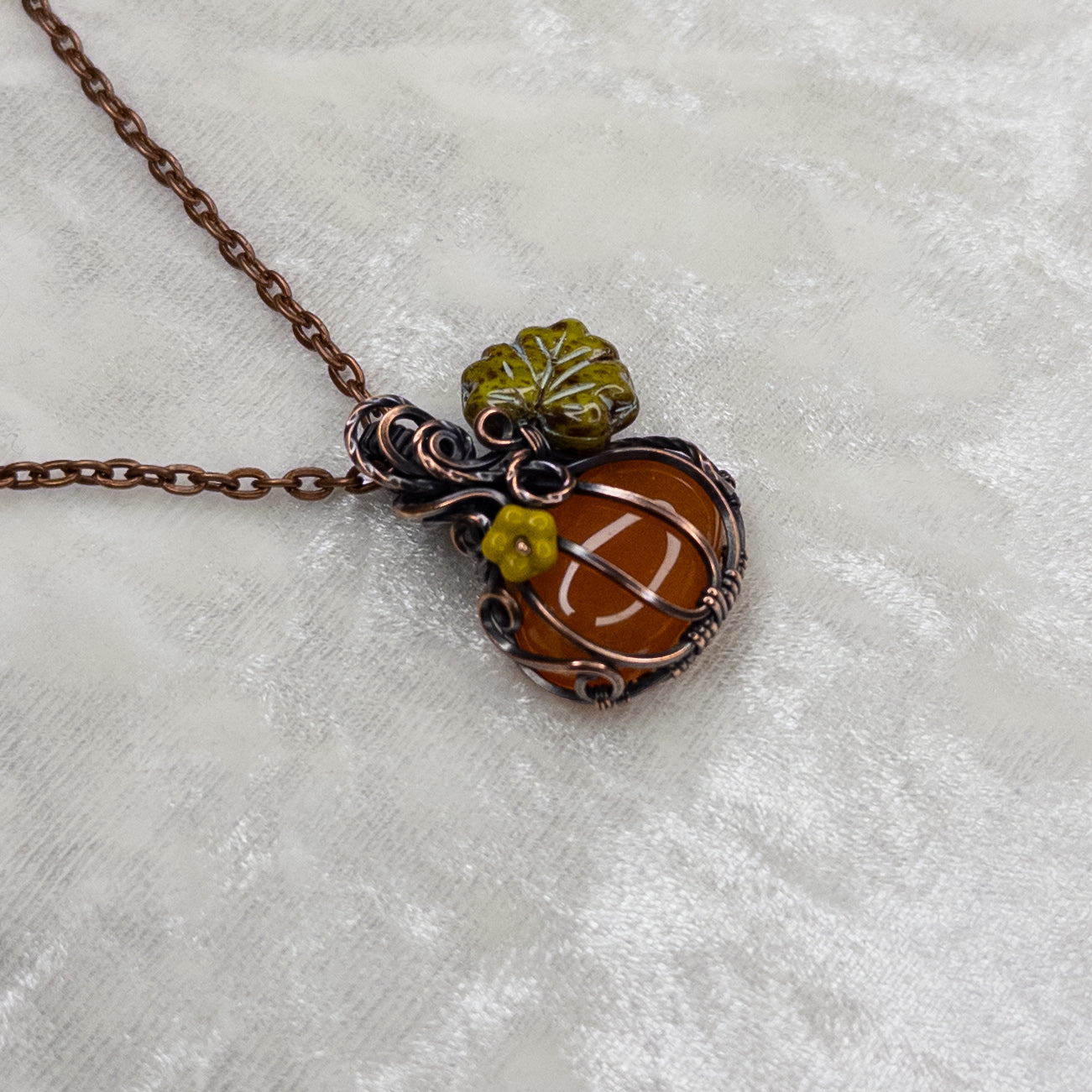 Carnelian Antiqued Copper Pumpkin Pendant With Czech Glass Leaf & Blossom