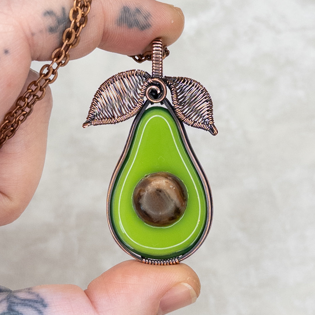 Glass Avocado Antiqued Copper Pendant