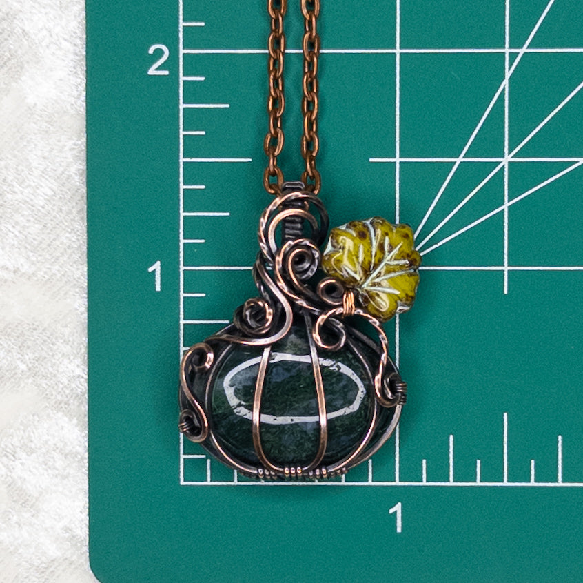 Moss Agate Antiqued Copper Pumpkin Pendant With Czech Glass Leaf