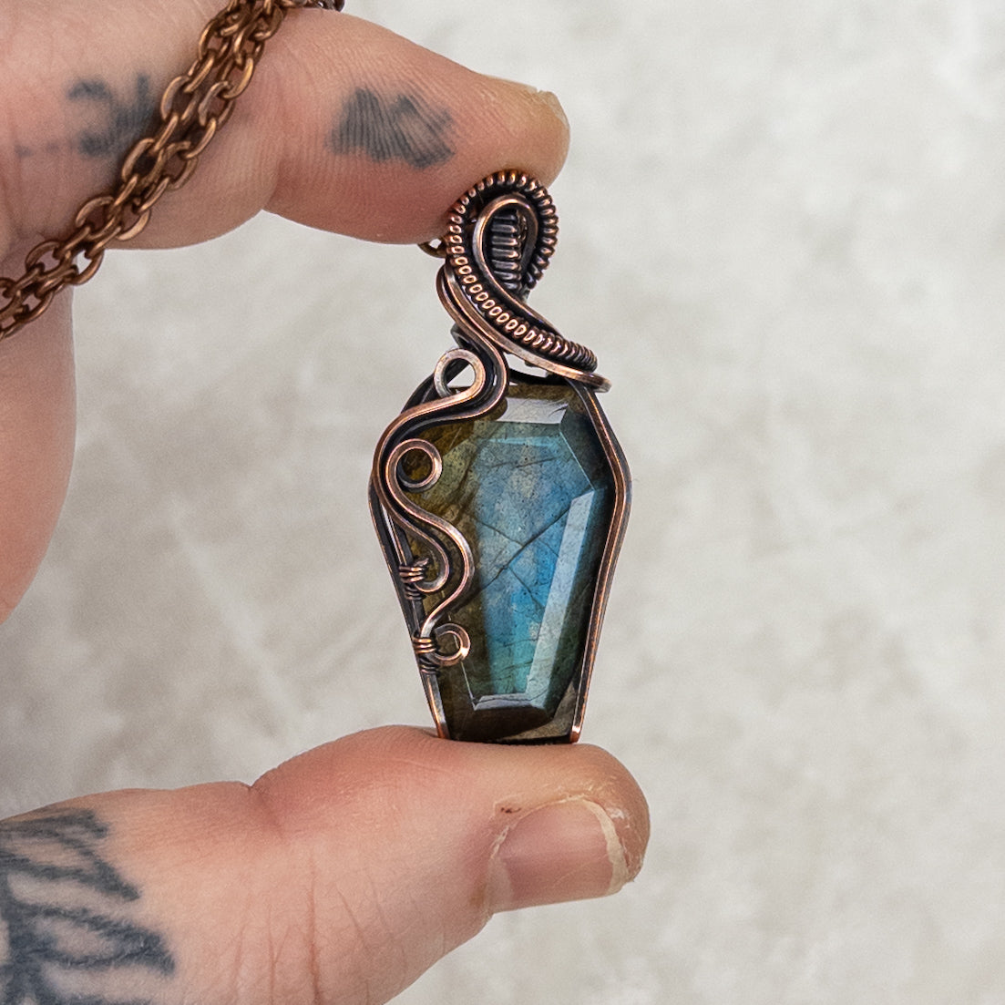 Labradorite Coffin Antiqued Copper Pendant