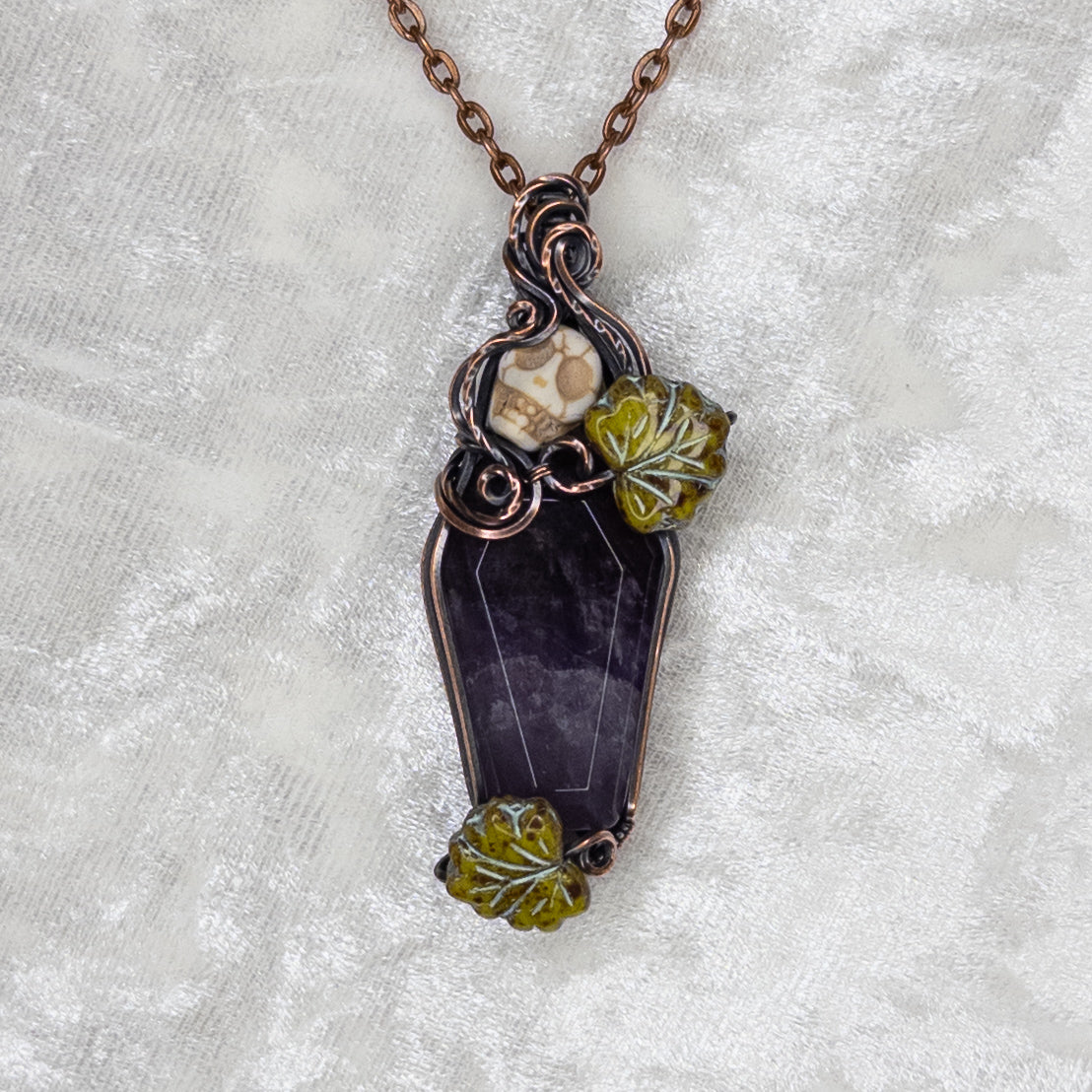 Amethyst Coffin & Skull Antiqued Copper Pendant With Czech Glass Leaves