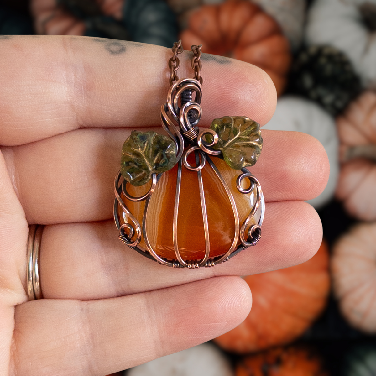 Orange Agate Pumpkin Pendant Witch Czech Glass Leaves - Antiqued Copper