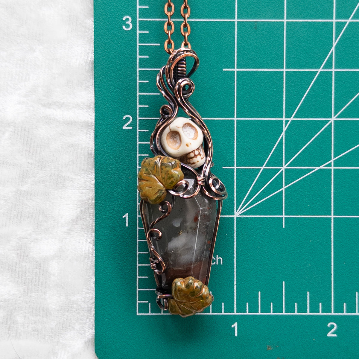 African Bloodstone Coffin & Skull Antiqued Copper Pendant With Czech Glass Leaves