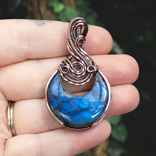 Deep Blue Labradorite Moon Antiqued Copper Pendant