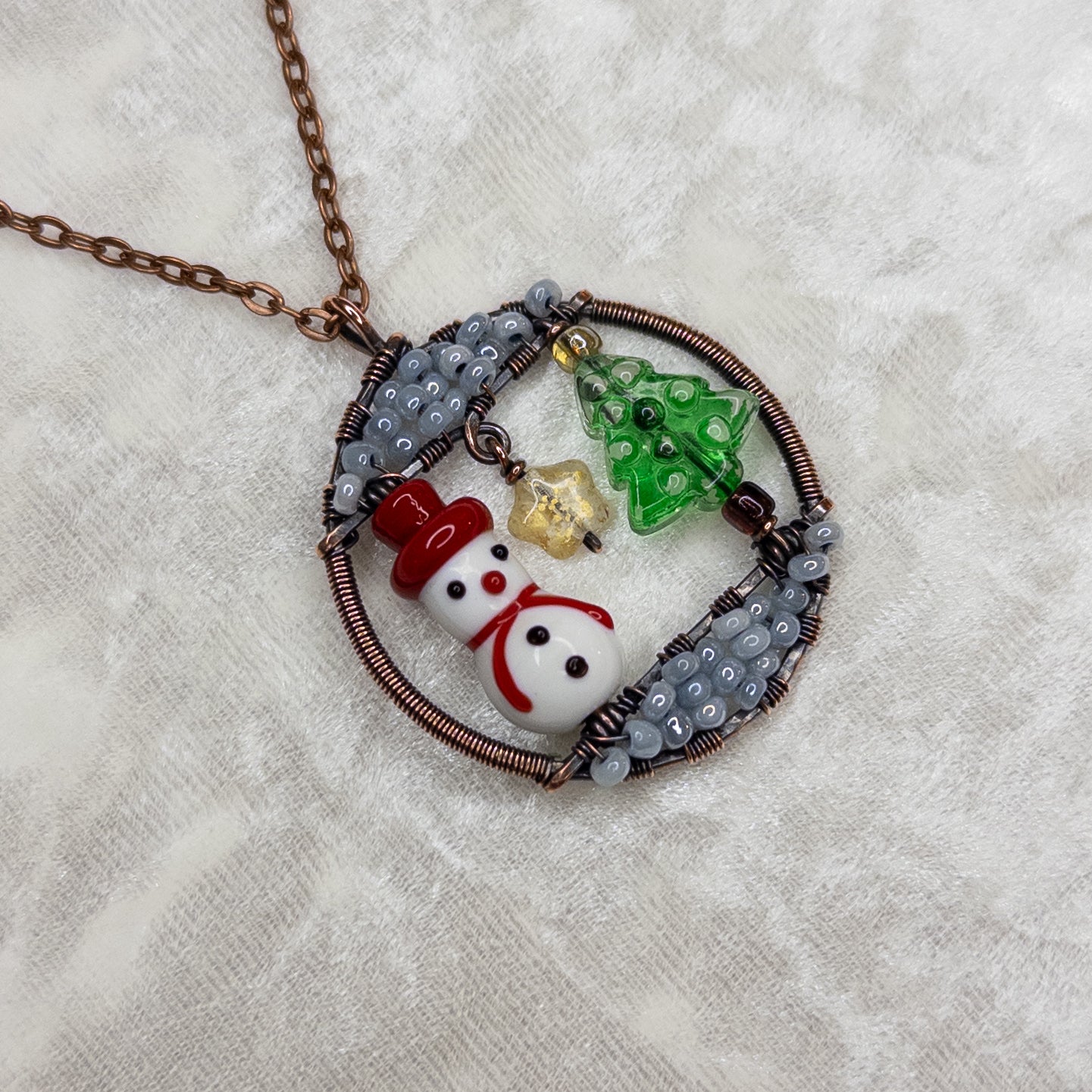 Extra Special Imperfect Winter Scene Copper Wrapped Pendant Featuring Festive Glass Beads
