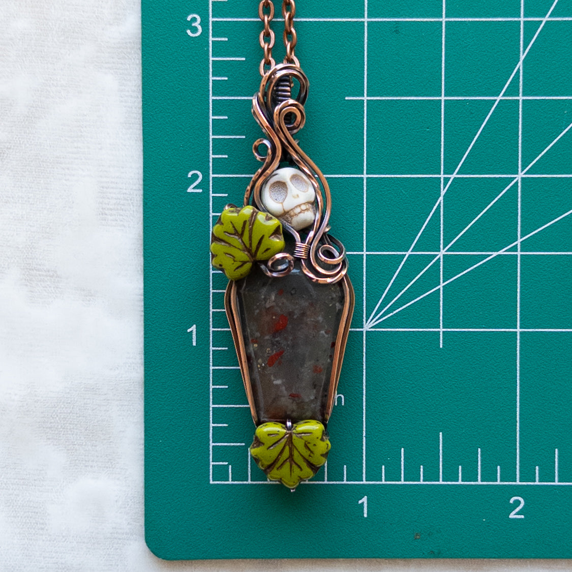 African Bloodstone Coffin & Skull Antiqued Copper Pendant With Czech Glass Leaves