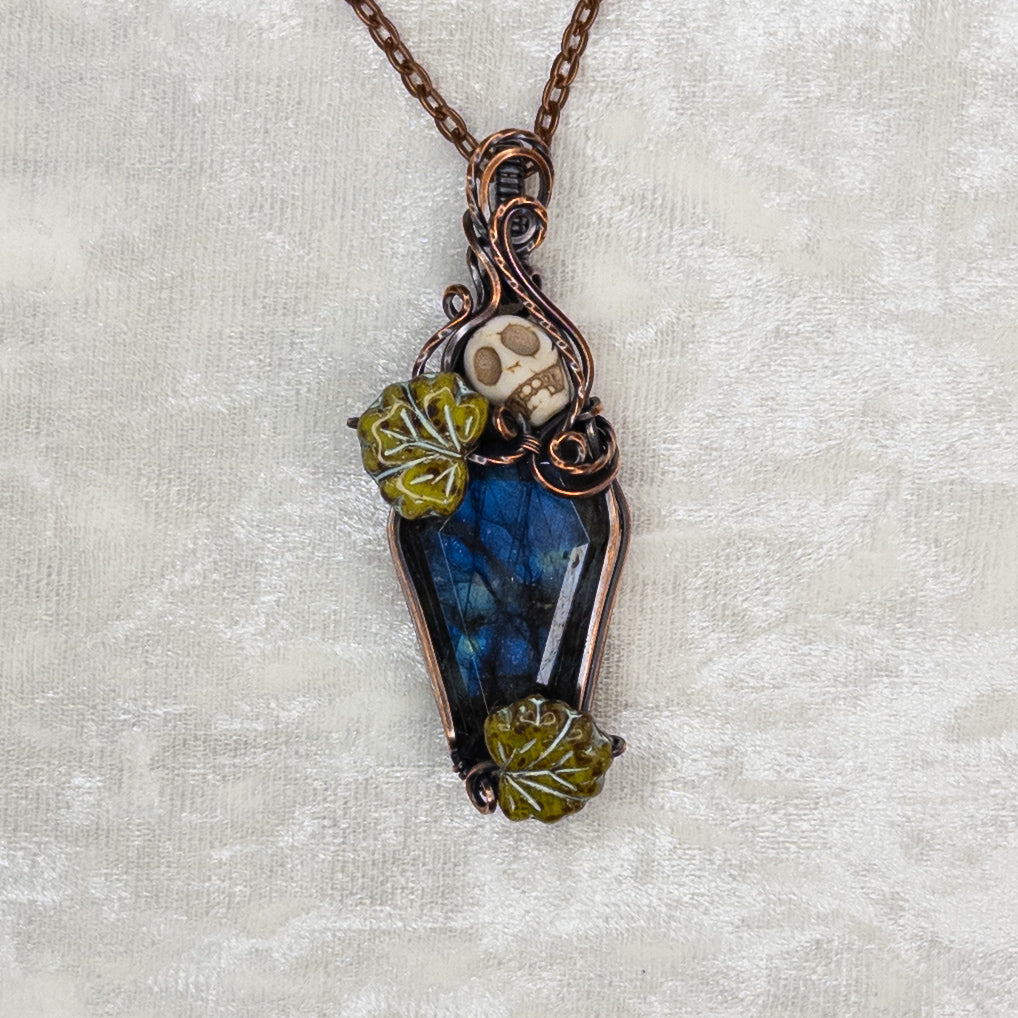 Labradorite Coffin Antiqued Copper Pendant With Czech Glass Leaves & Stone Skull