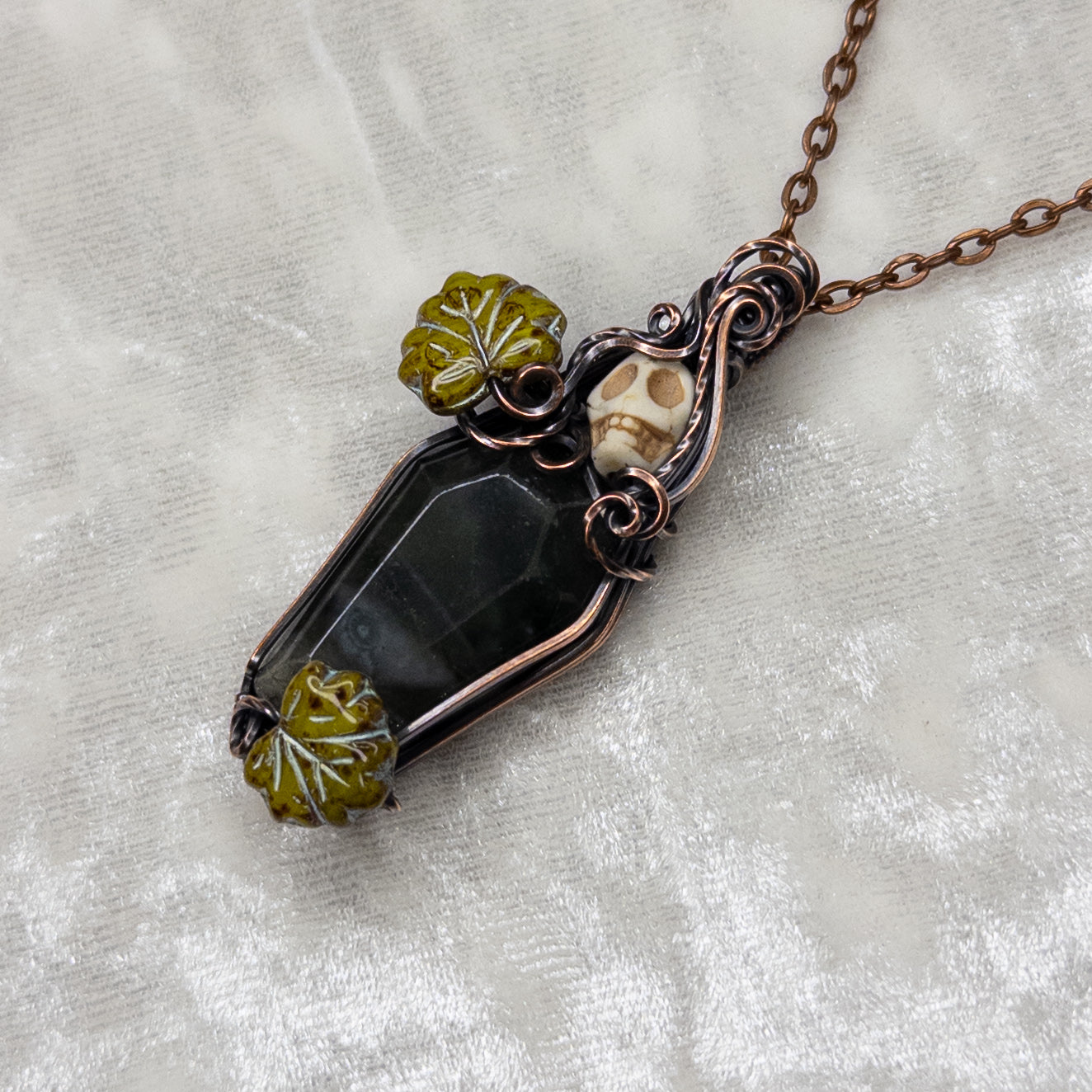 African Bloodstone Coffin & Skull Antiqued Copper Pendant With Czech Glass Leaves