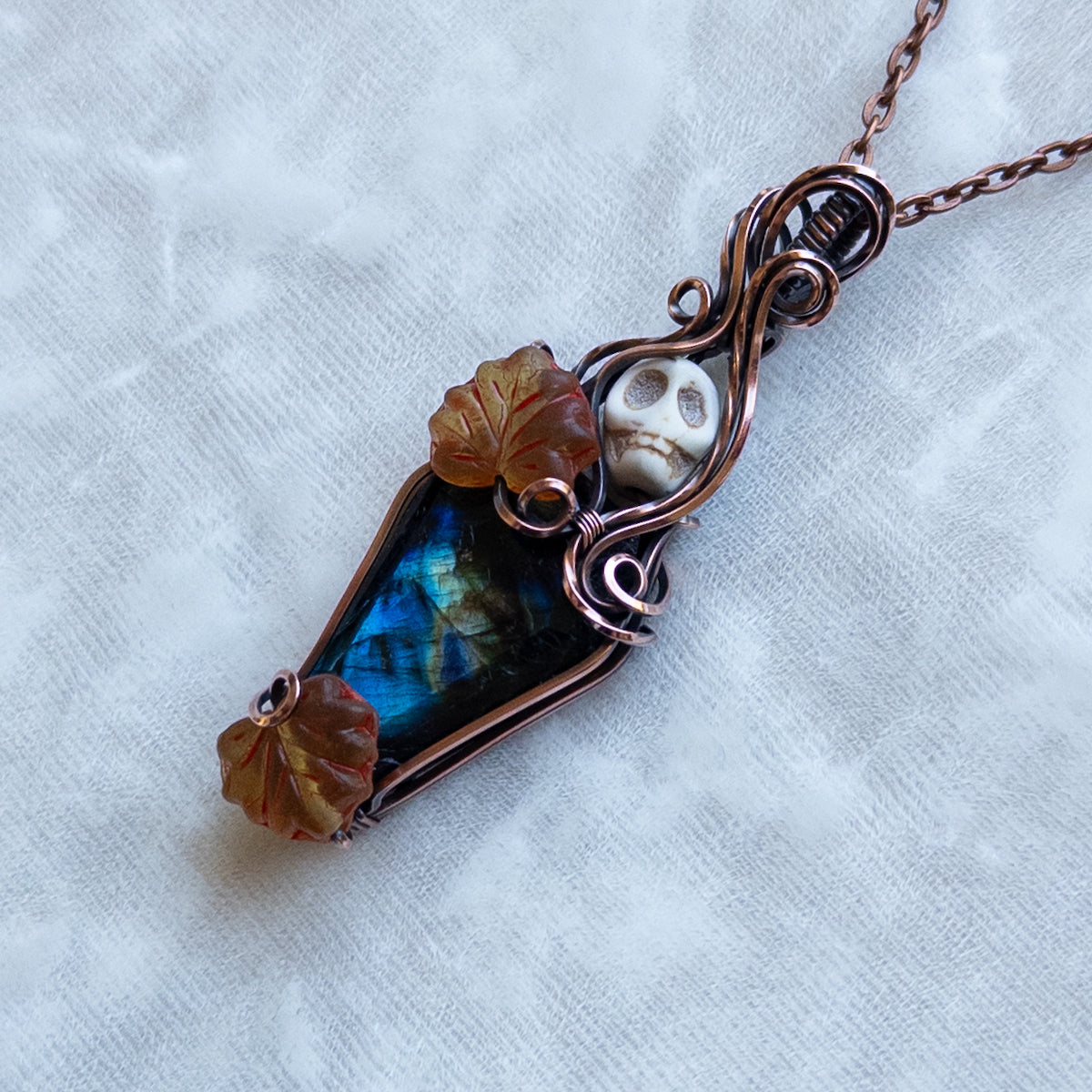Labradorite Coffin & Skull Antiqued Copper Pendant With Czech Glass Leaves