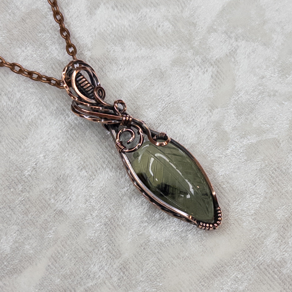 Carved Prehnite Leaf Antiqued Copper Pendant
