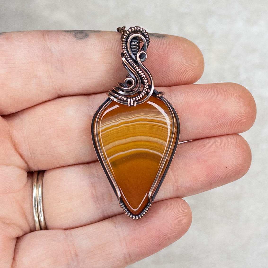 “Candy Corn” Orange Banded Agate Antiqued Copper Pendant