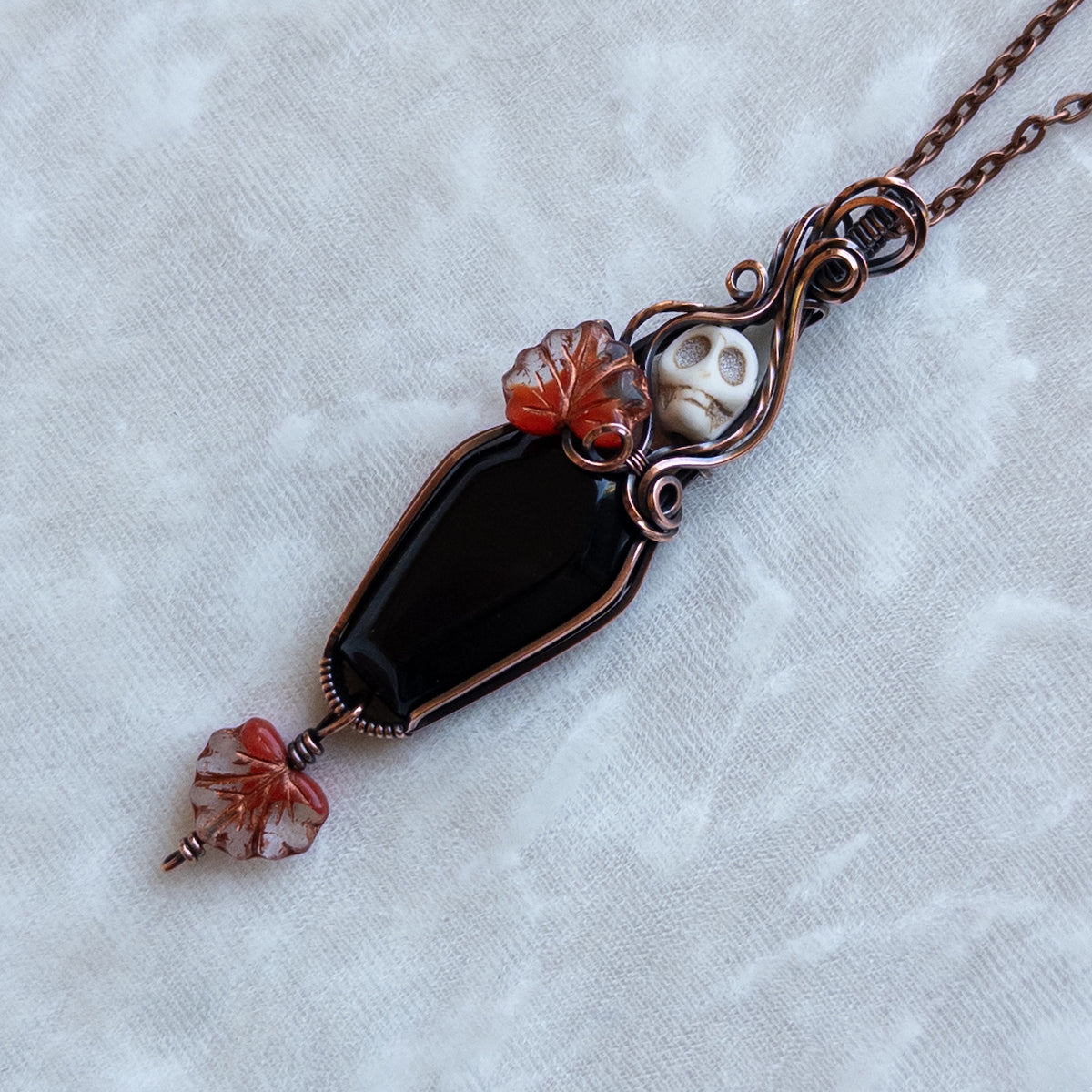 Obsidian Coffin & Skull Antiqued Copper Pendant With Czech Glass Leaves