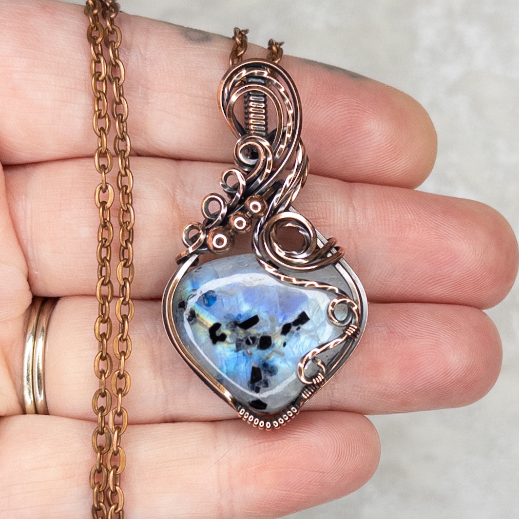 Rainbow Moonstone W/ Black Tourmaline Antiqued Copper Pendant