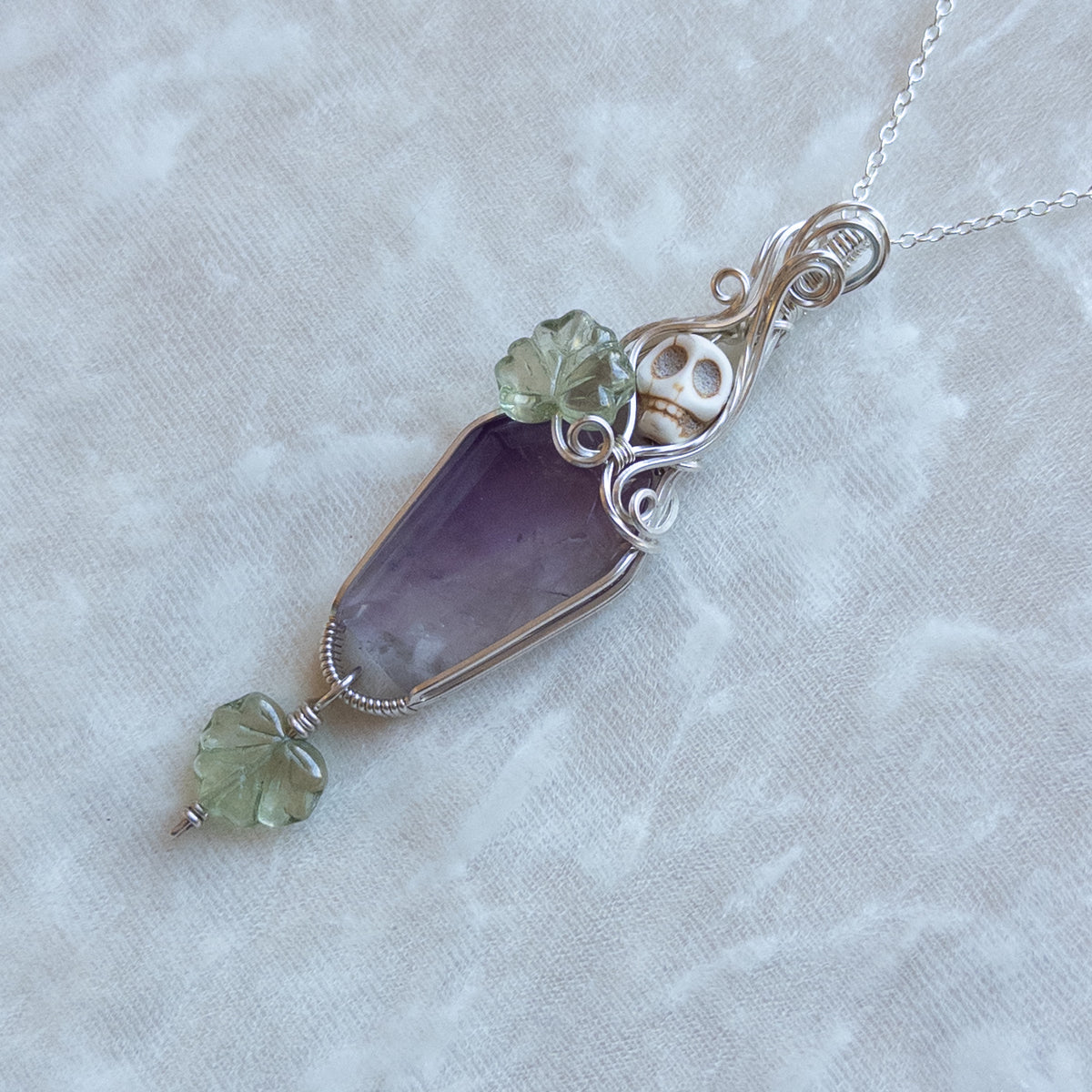 Pastel Amethyst Coffin & Skull Sterling Silver Pendant With Dangling Czech Glass Leaf