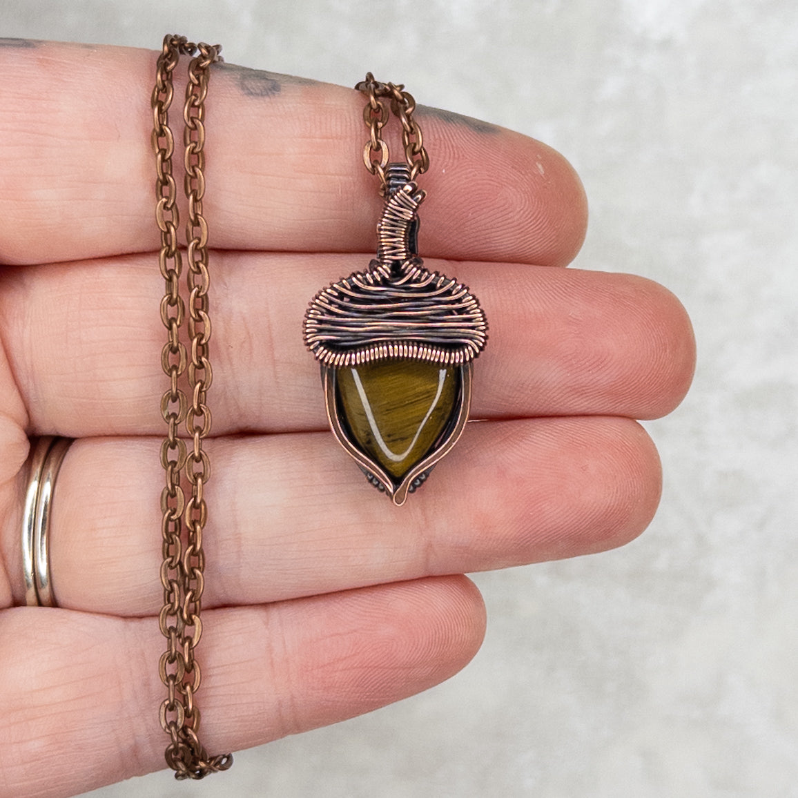 Tiger’s Eye Acorn Antiqued Copper Pendant