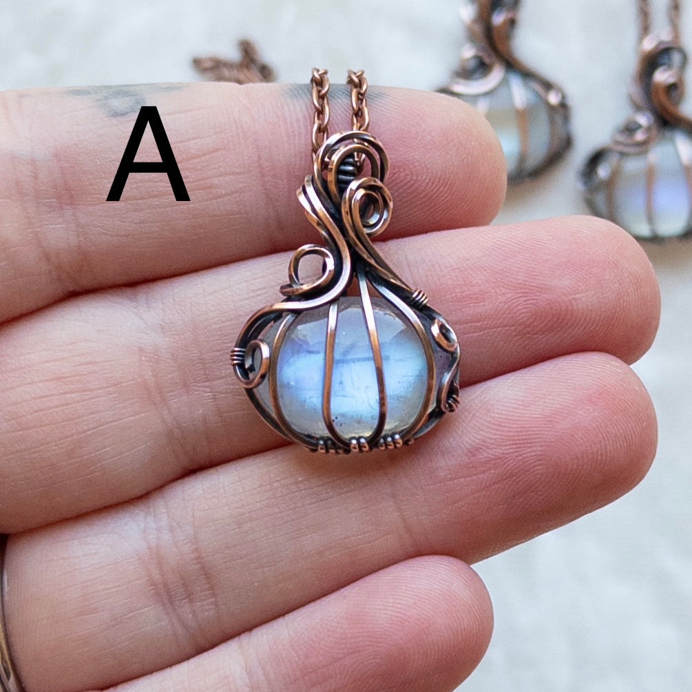 Mini Moonstone Antiqued Copper Pumpkin Pendant