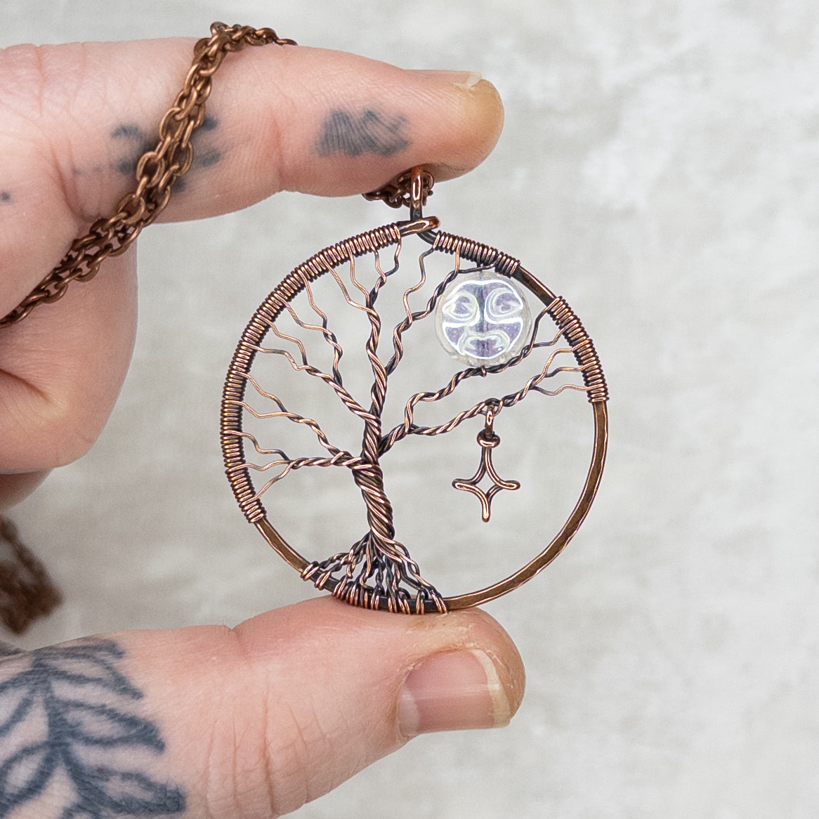“Moon In The Tree” Antiqued Copper Pendant With Iridescent Czech Glass Bead