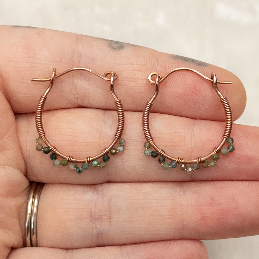 Moss Agate Copper Hinged Hoop Earrings