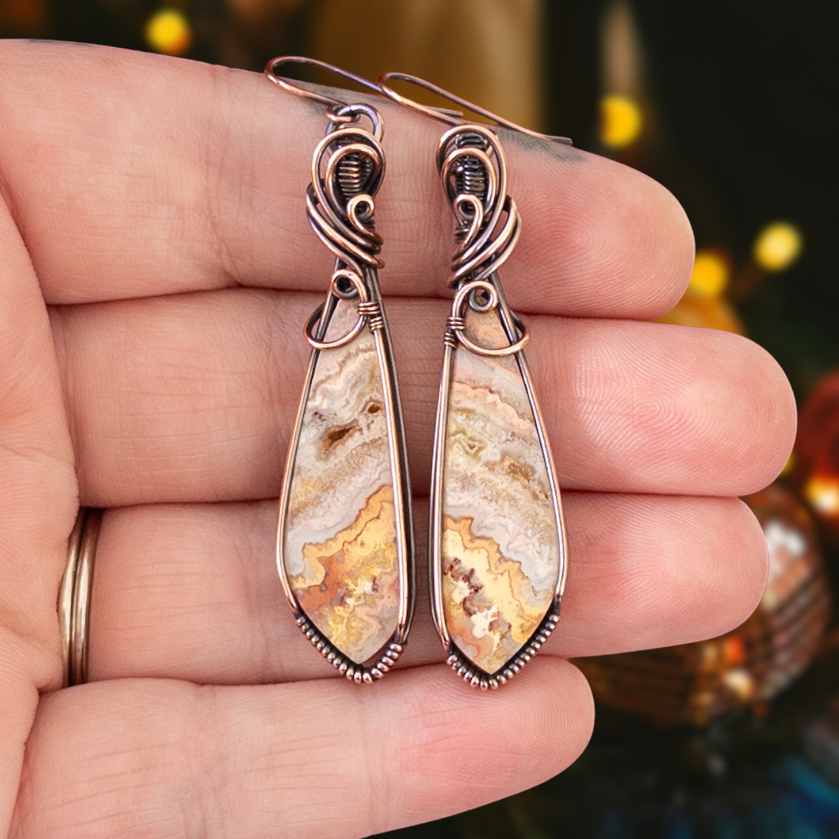 Crazy Lace Agate Antiqued Copper Earrings