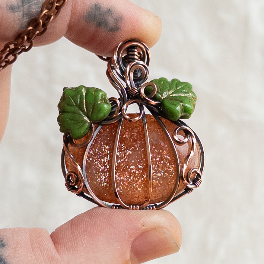Confetti Sunstone Antiqued Copper Pumpkin Pendant With Czech Glass Leaves