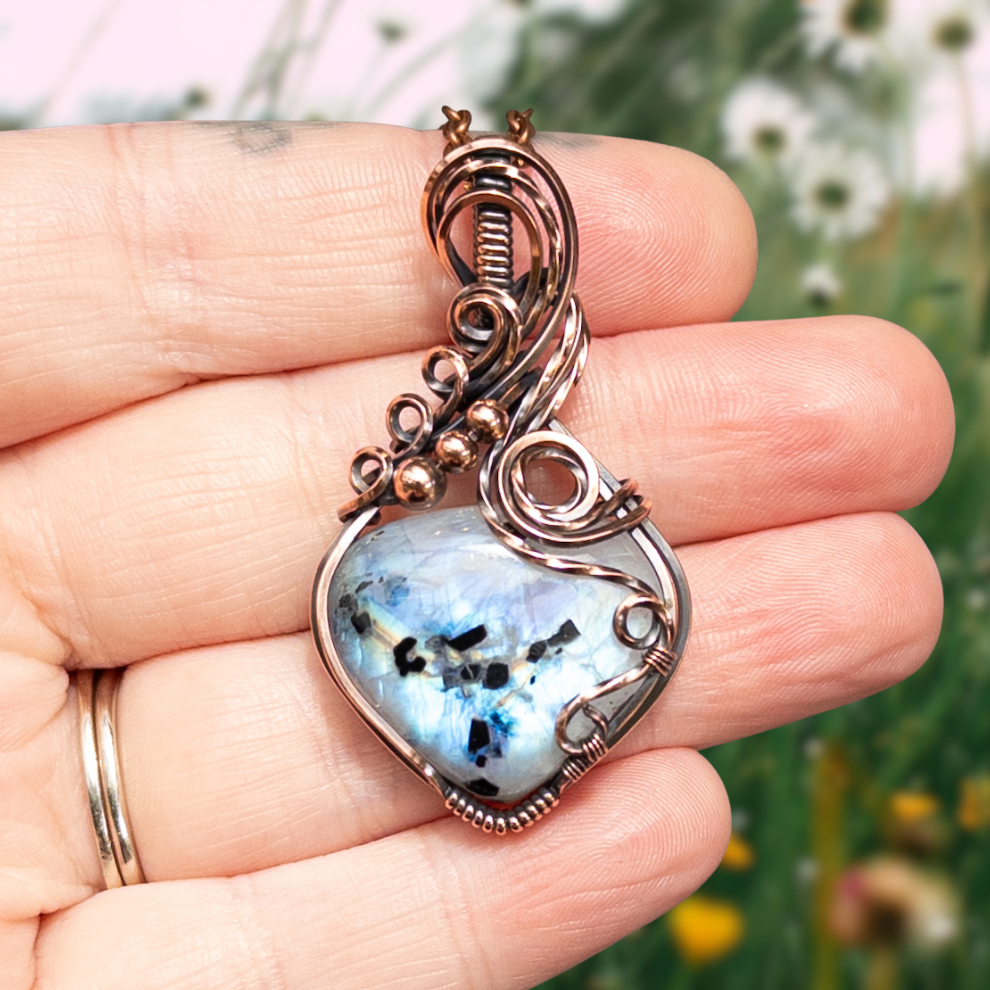 Rainbow Moonstone W/ Black Tourmaline Antiqued Copper Pendant