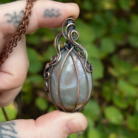 Grey India Agate Pumpkin Antiqued Copper Wrapped Pendant