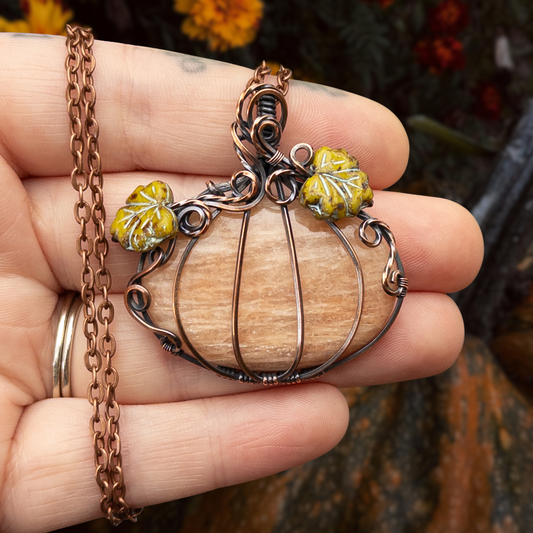 Peach Moonstone Antiqued Copper Pumpkin Pendant With Czech Glass Leaves