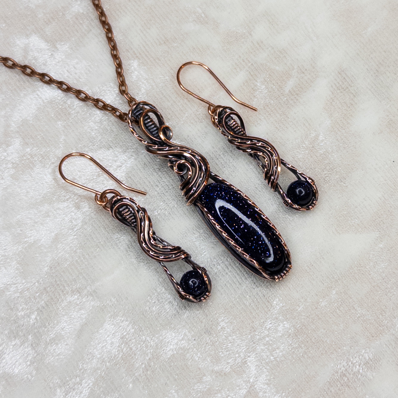 Blue Goldstone Antiqued Copper Pendant & Earrings Set