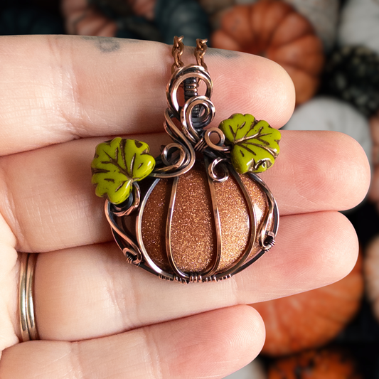 Orange Goldstone Antiqued Copper Pumpkin Pendant With Czech Glass Leaves