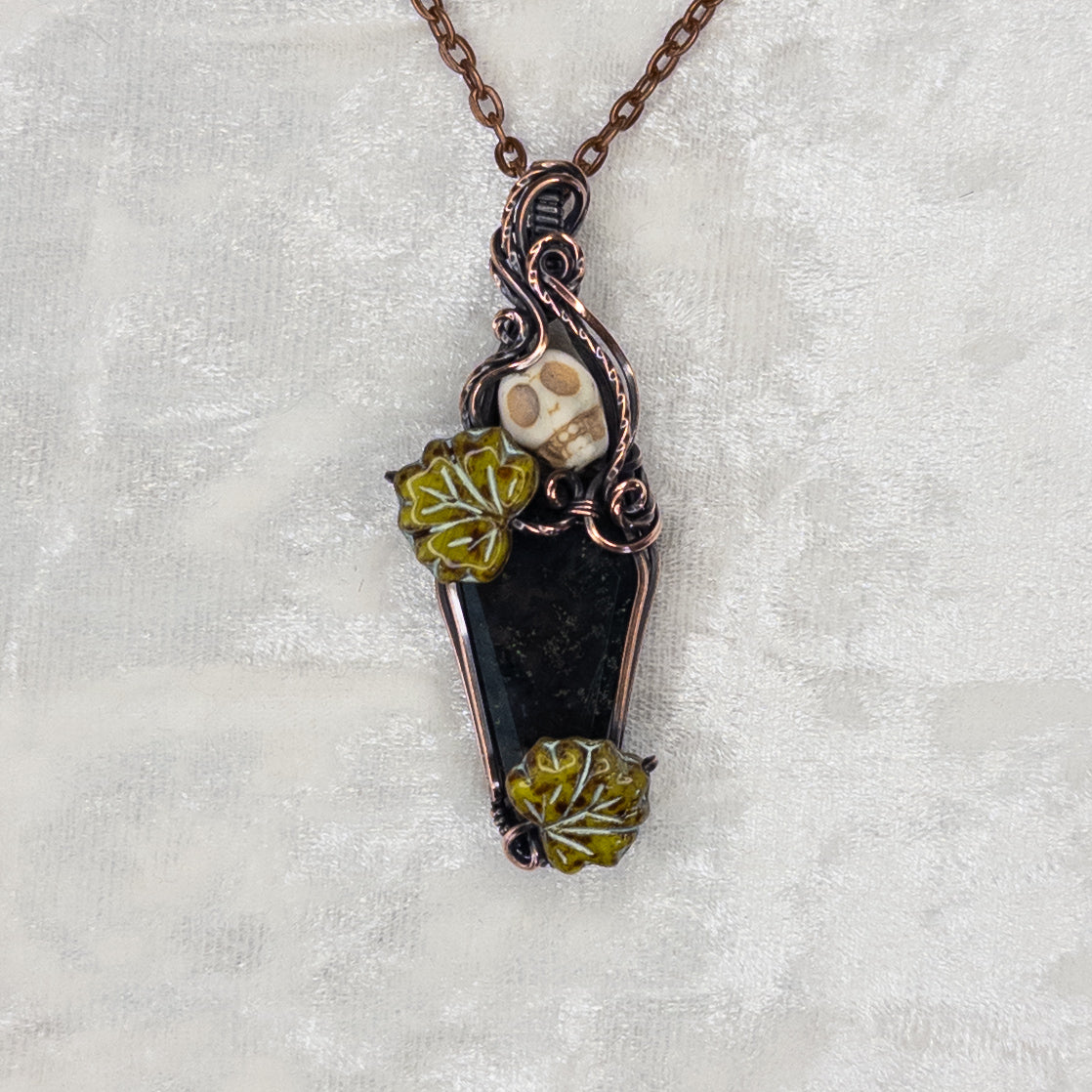 Moss Agate Coffin & Skull Antiqued Copper Pendant With Czech Glass Leaves
