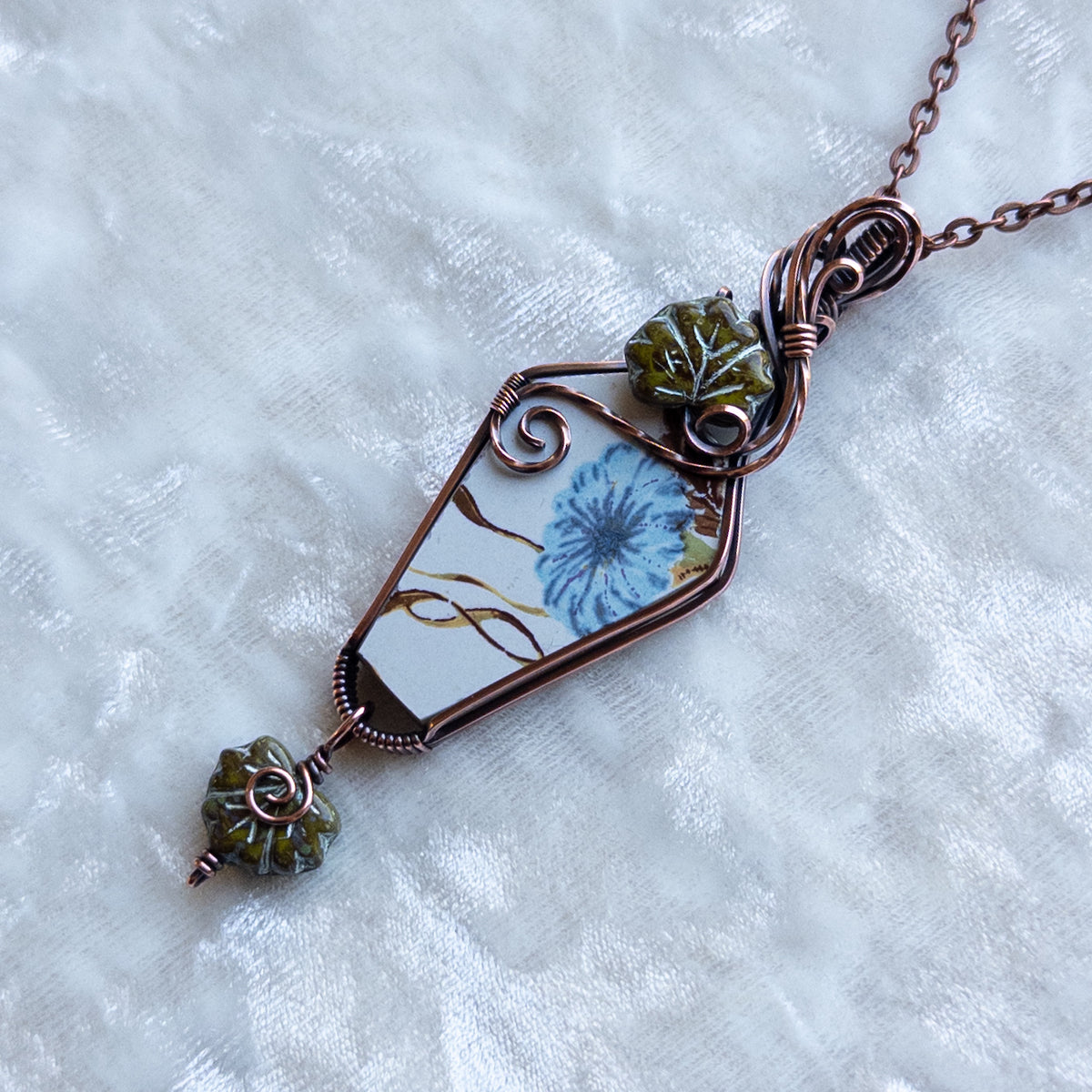 Vintage China Coffin Pendant With Czech Glass Leaves - Antiqued Copper