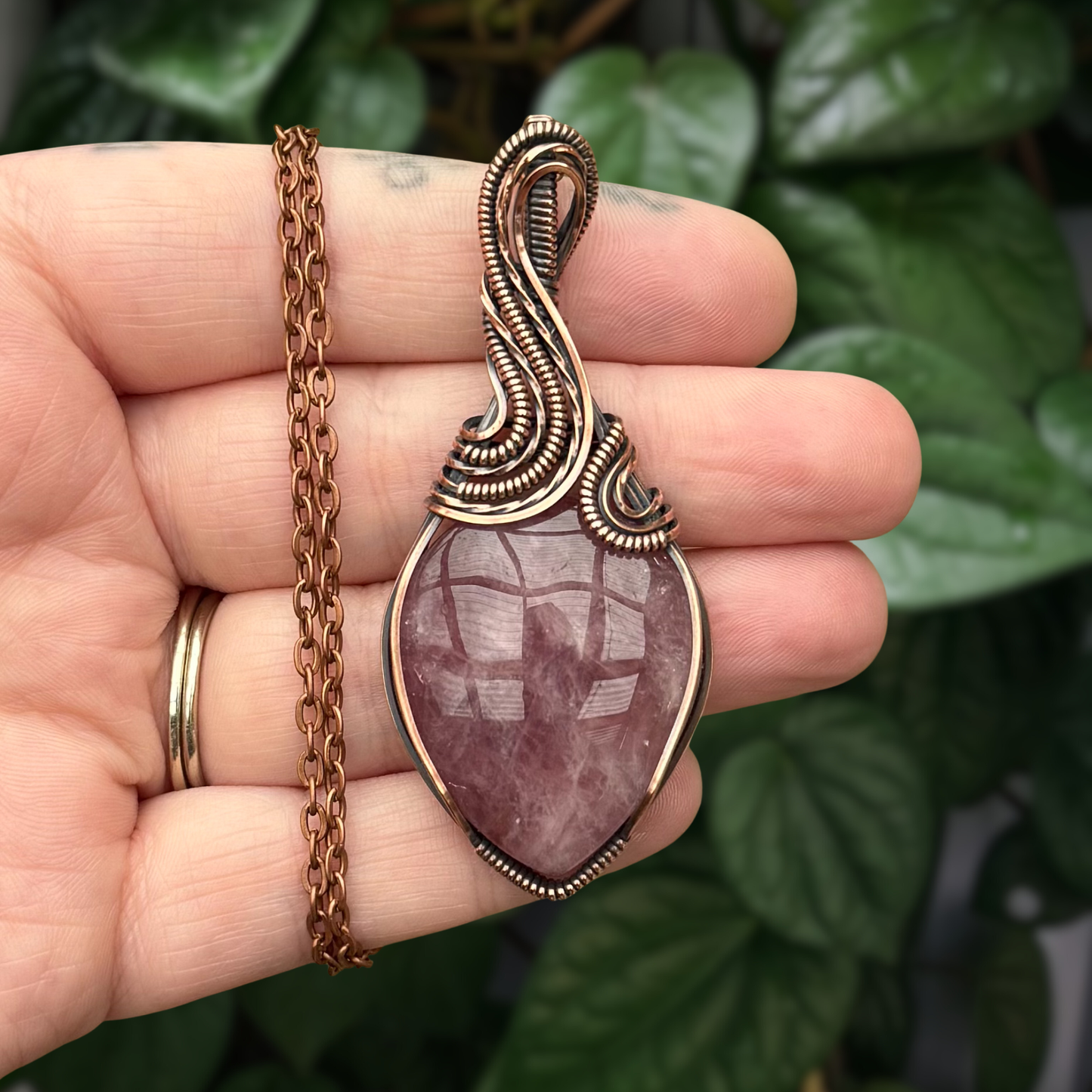 Lavender Rose Quartz Antiqued Copper Pendant