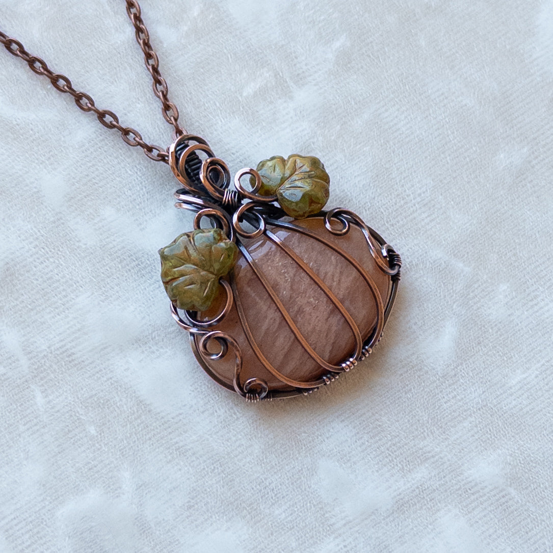 Peach Amazonite Antiqued Copper Pumpkin Pendant With Czech Glass Leaves