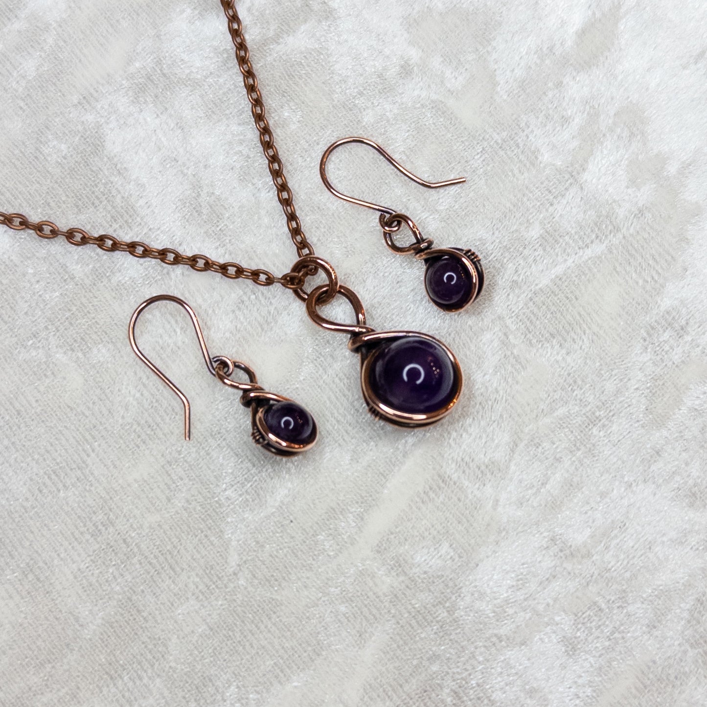 Drops of Amethyst Antiqued Copper Pendant & Earrings Set