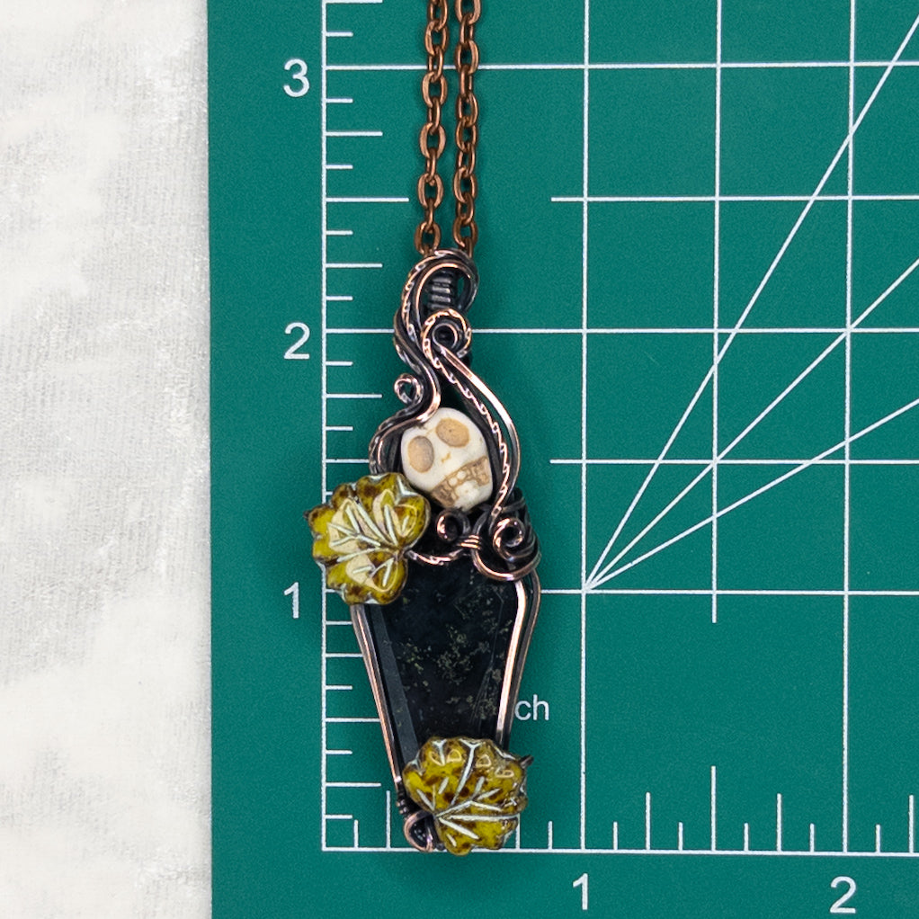 Moss Agate Coffin & Skull Antiqued Copper Pendant With Czech Glass Leaves