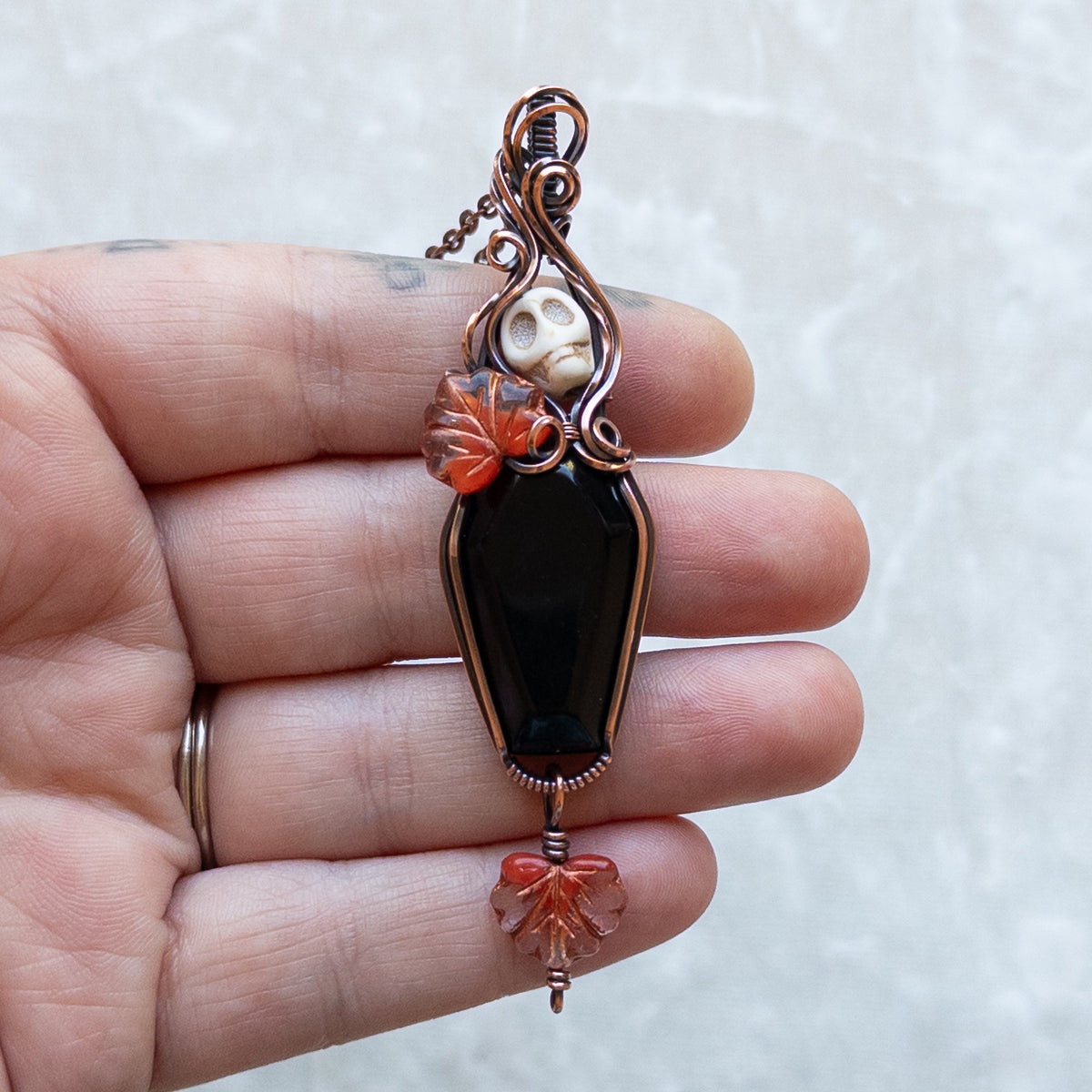 Obsidian Coffin & Skull Antiqued Copper Pendant With Czech Glass Leaves