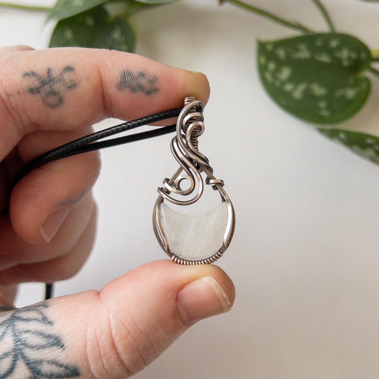 Moonstone Moon & Sterling Silver Wrapped Pendant - A