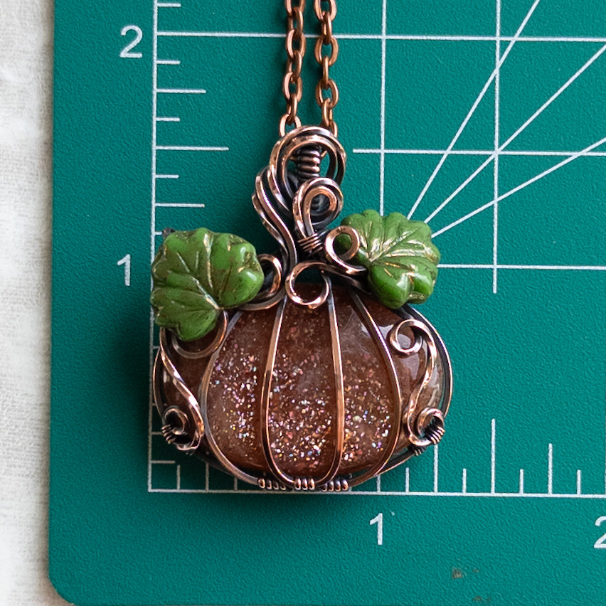 Confetti Sunstone Antiqued Copper Pumpkin Pendant With Czech Glass Leaves
