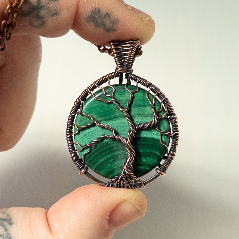 Malachite Tree Of Life Antiqued Copper Wrapped Pendant