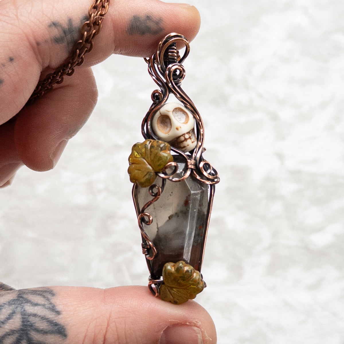 African Bloodstone Coffin & Skull Antiqued Copper Pendant With Czech Glass Leaves
