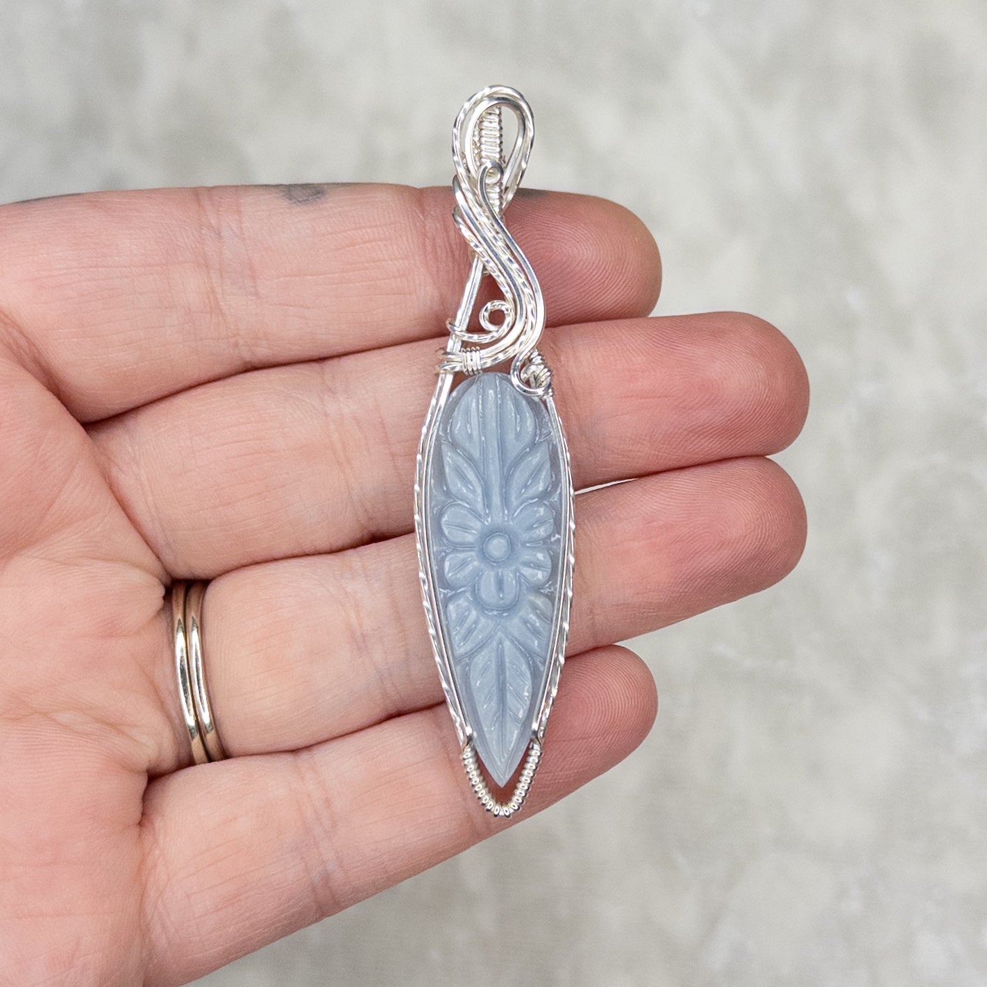 Flower Carved Angelite .925 Sterling Silver Pendant