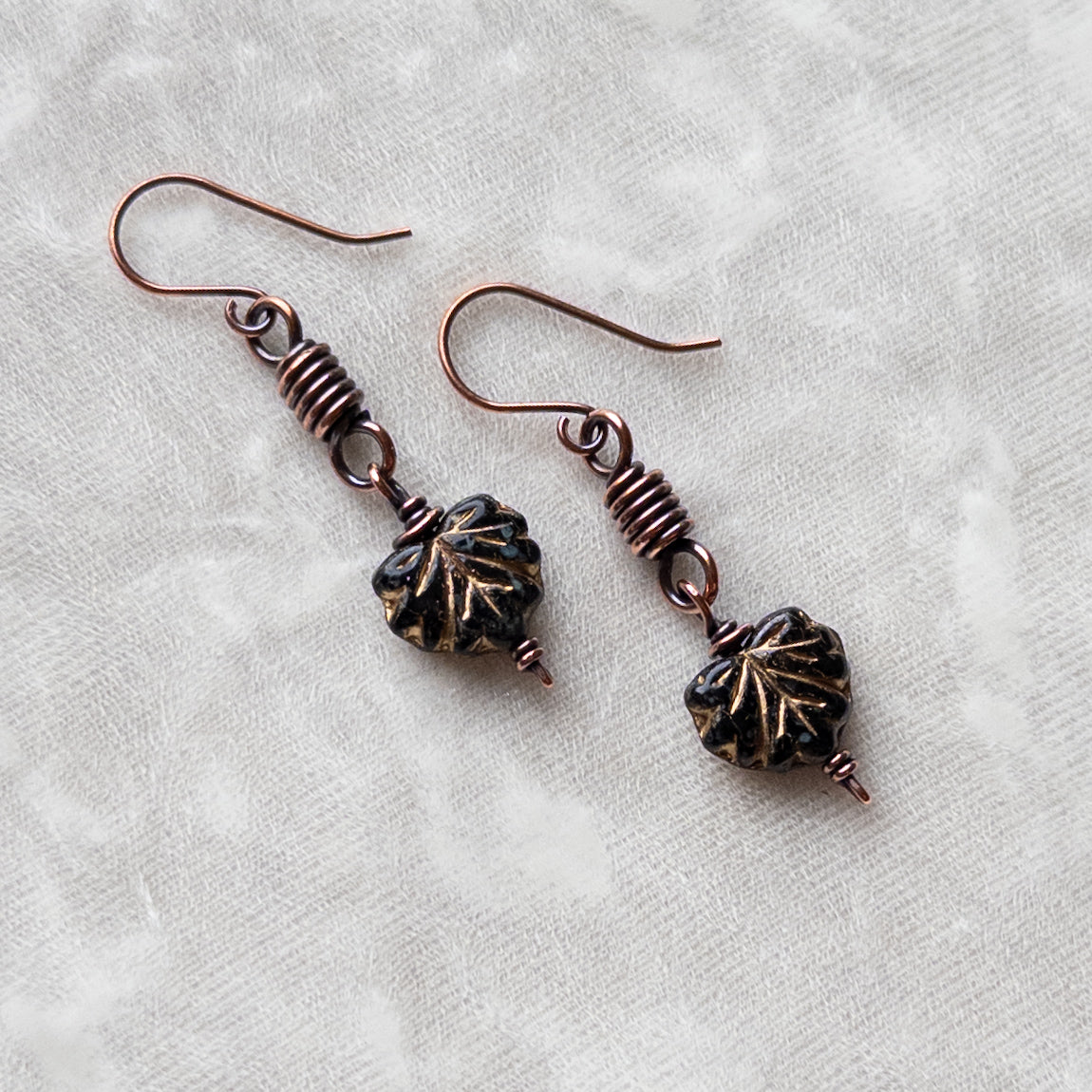 Black Leaf Antiqued Copper Earrings