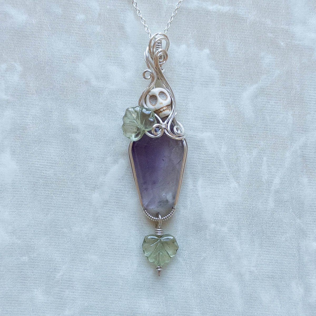 Pastel Amethyst Coffin & Skull Sterling Silver Pendant With Dangling Czech Glass Leaf
