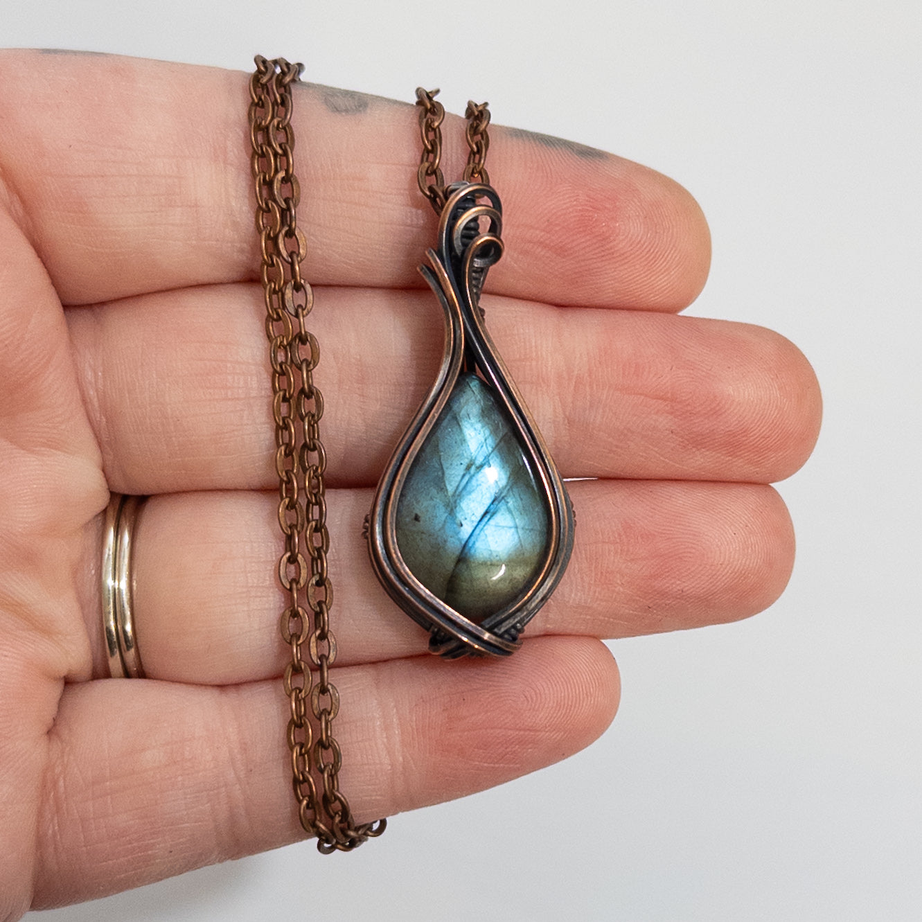 Blue Green Labradorite Copper Wrapped Pendant