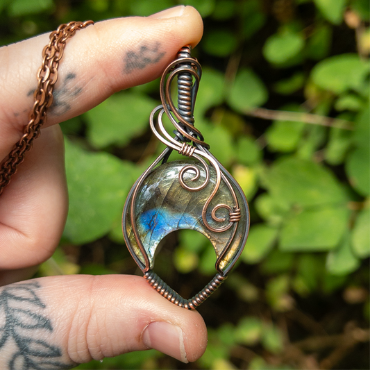 Labradorite Crescent Moon Copper Wrapped Pendant