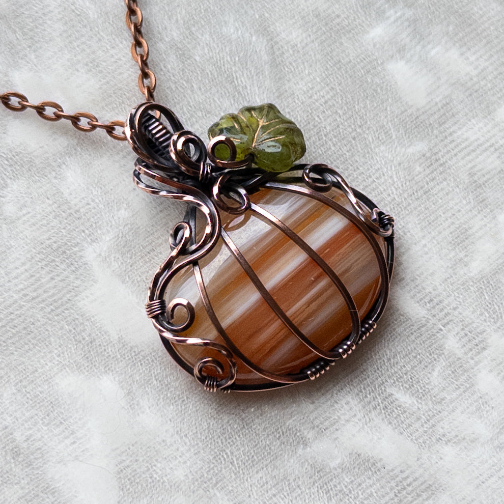 “Candy Corn” Banded Agate Antiqued Copper Pumpkin Pendant With Czech Glass Leaf